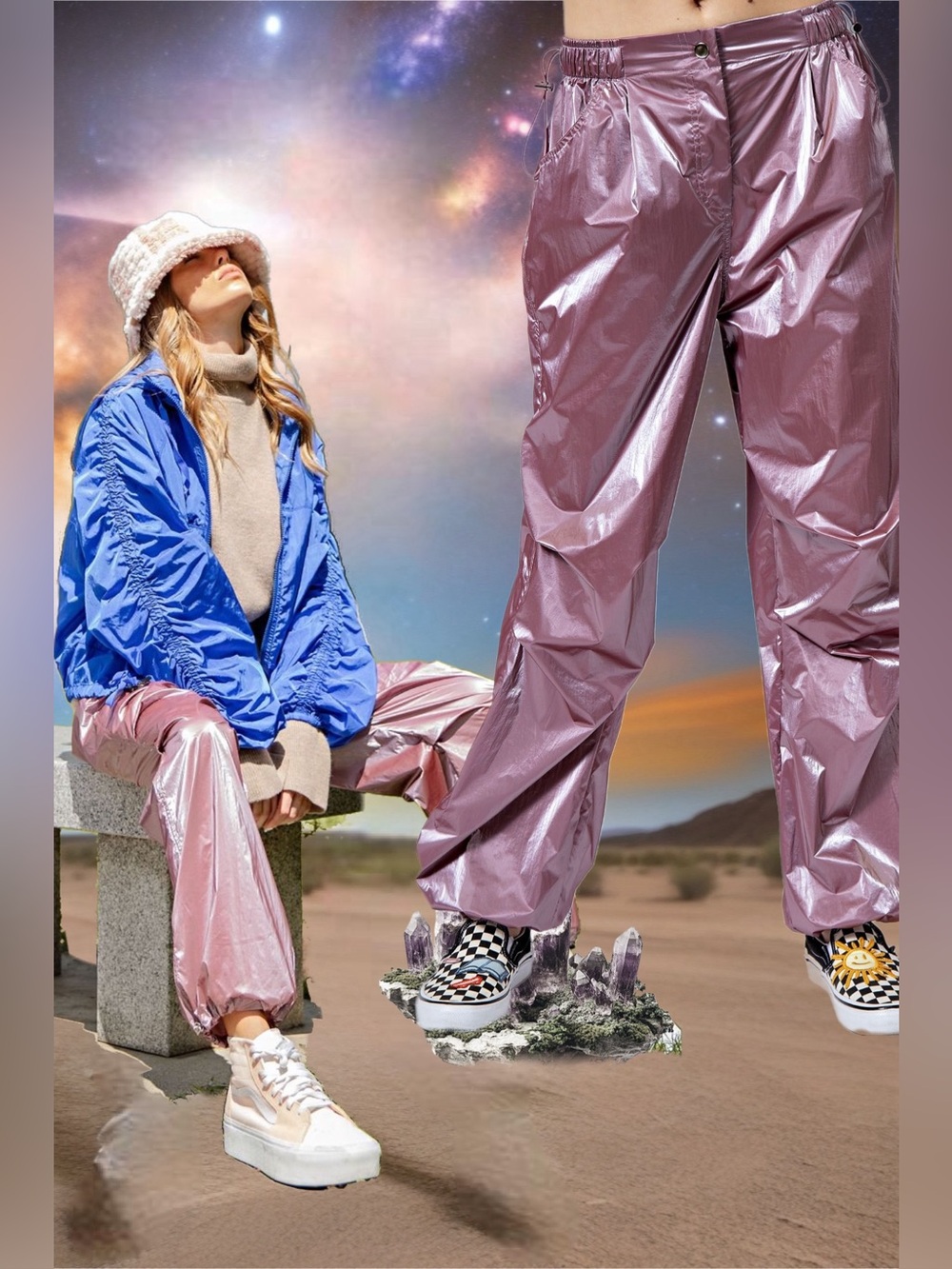 Easel Lumina Slouchy Metallic Parachute Toggle Wide Leg Pant Mauve Purple Medium